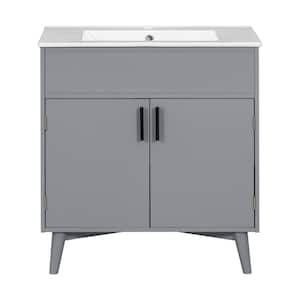 30 in. W x 18 in. D x 32.5 in. H Single Sink Freestanding Bath Vanity in Gray with White Ceramic Top