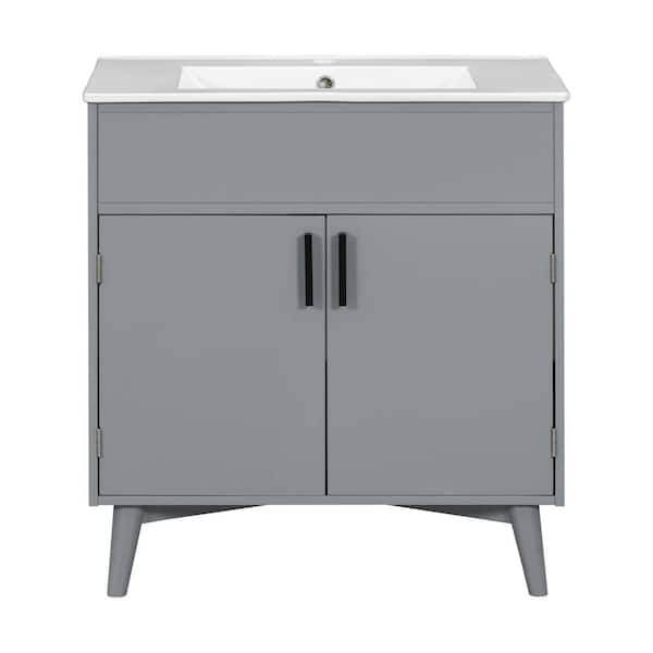 FUNKOL 30 in. W x 18 in. D x 32.5 in. H Single Sink Freestanding Bath Vanity in Gray with White Ceramic Top