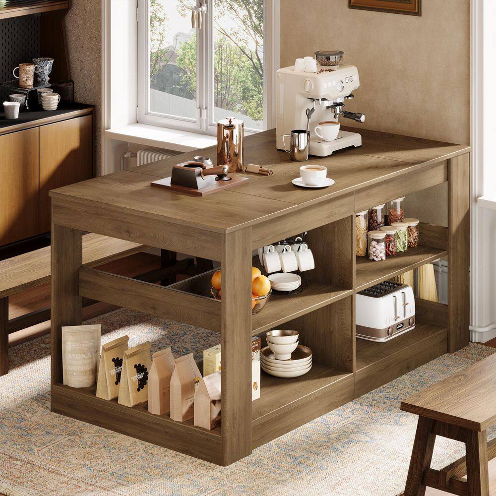 Clarine Brown Wood 63 in. W Stationary Kitchen Island Buffet Table 3 Storage Shelves (Stools Not Included) Farmhouse price history on PriceWatchPro