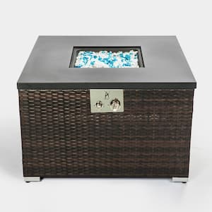 32 in. Brown Wicker Square Outdoor Fire Pit Table with Glass Rocks