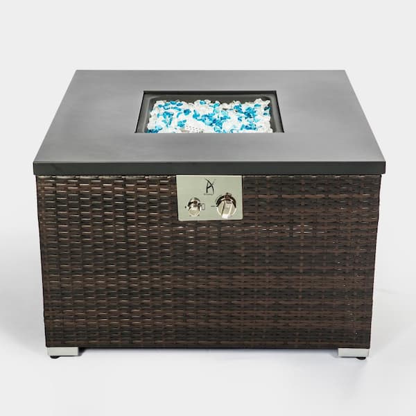 Cesicia 32 in. Brown Wicker Square Outdoor Fire Pit Table with Glass Rocks