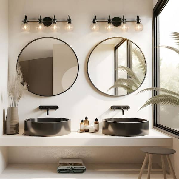 Modern Industrial 28.5 in. 4-Light Black Bath Vanity Light with Clear Globe Glass Shades Powder Room Wall Sconce