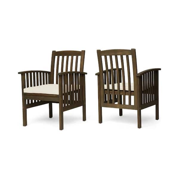 Brown Wood Frame Outdoor Dining Chair with White Cushion
