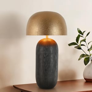 Hecatonimos 25.6 in. Black Mid-Century Mushroom Table lamp with Textured Aged Gold Exterior and Goldleaf Interior Shade