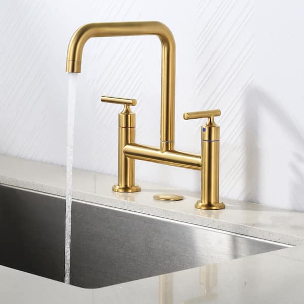 Double Handle Bridge Faucet with Kitchen Sink Hole Cover in Brushed Gold