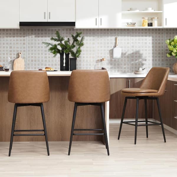 Cecily 27 in. Saddle Brown High Back Metal Swivel Counter Stool with Faux Leather Seat (Set of 3)