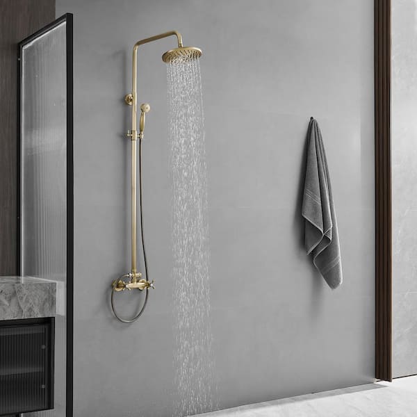 2-Spray Outdoor Wall Bar Shower Kit 8 in. Round Rain Shower Head with Hand Shower and 2 Cross Knobs in Antique