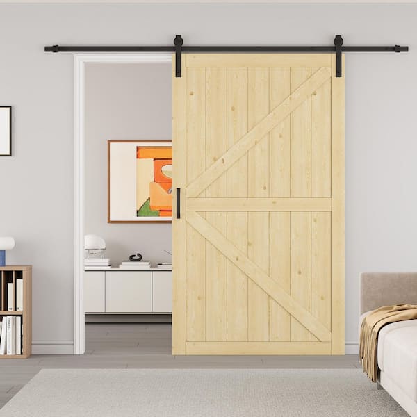 48 in. x 84 in. Paneled K Shape Solid Pine Unfinished Wood Sliding Barn Door Slab with Hardware Kit and Soft Close