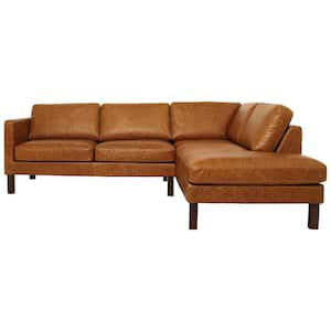 Eldoria 99 in. Genuine Leather Square Arm Mid-Century Modern L Shaped Right Facing Sectional Sofa in Cognac