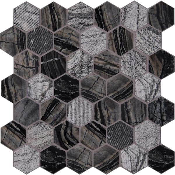 MSI Take Home Sample - Henley Hexagon 4 in. x 4 in. Textured Marble Mesh-Mounted Mosaic Tile