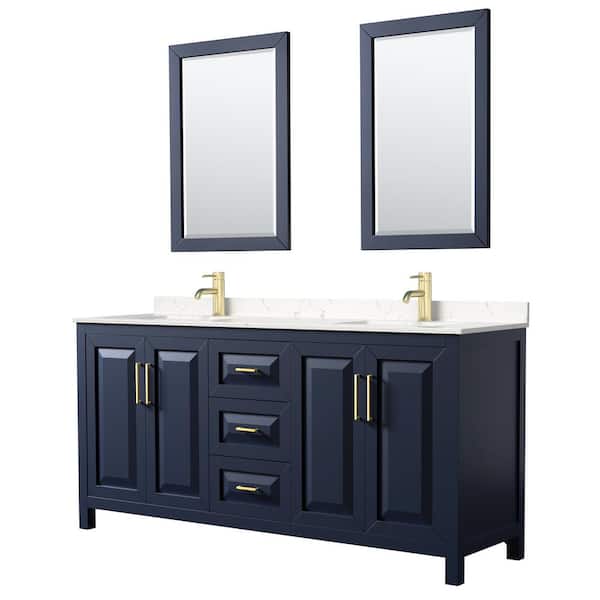Wyndham Collection Daria 72 in.W x 22 in.D Double Vanity in Dark Blue w/ Cultured Marble Vanity Top in Light-Vein Carrara w/ Basins&Mirrors