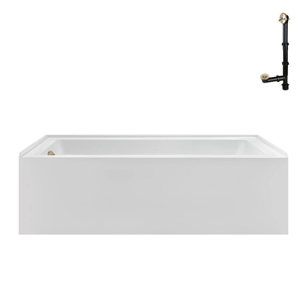 Glossy White Acrylic Alcove Bathtub with Polished Brass Drain