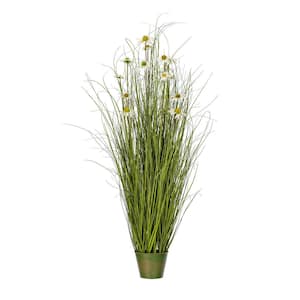60 in. Artificial Potted Green Grass and Daisies