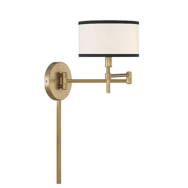 Savoy House 1-Light Natural Brass Wall Sconce with a White Fabric Shade