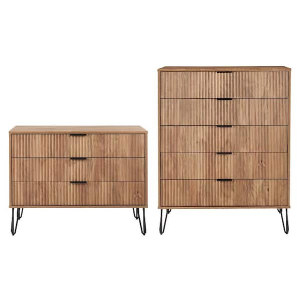 Manhattan Comfort DUMBO Golden Brown 5-Drawer 35.19 in. Dresser and 3-Drawer 35.19 in. Dresser with SNAP Tool-Free Assembly