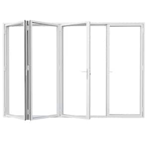 120 in. x 96 in. Left Center Opening/Outswing Double Tempered Glass White Aluminum Folding Patio Door