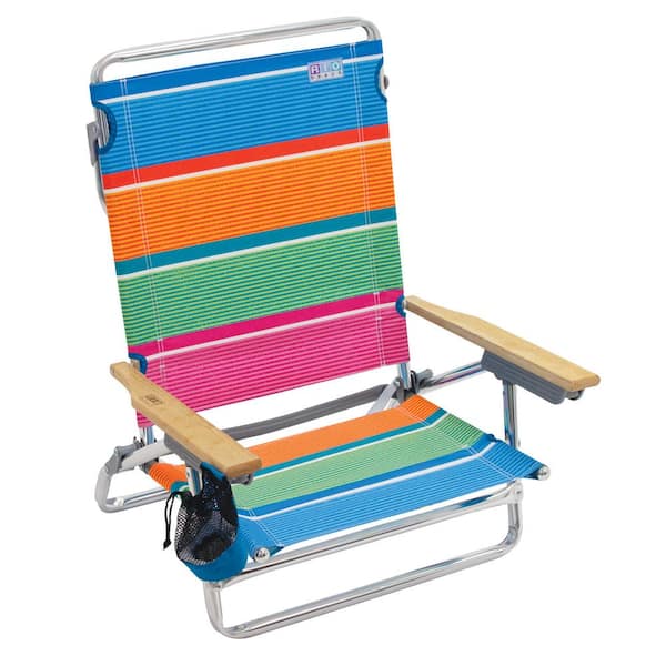 Rio 5-Position Lay Flat Classic Striped Designer Aluminum Beach Chair with Hardwood Armrests