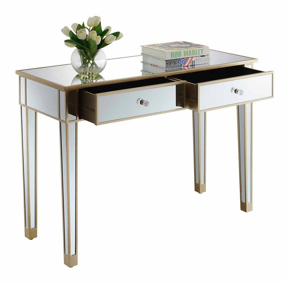 Chic Champagne Mirrored 2-Drawer Console Desk with Crystal Knobs