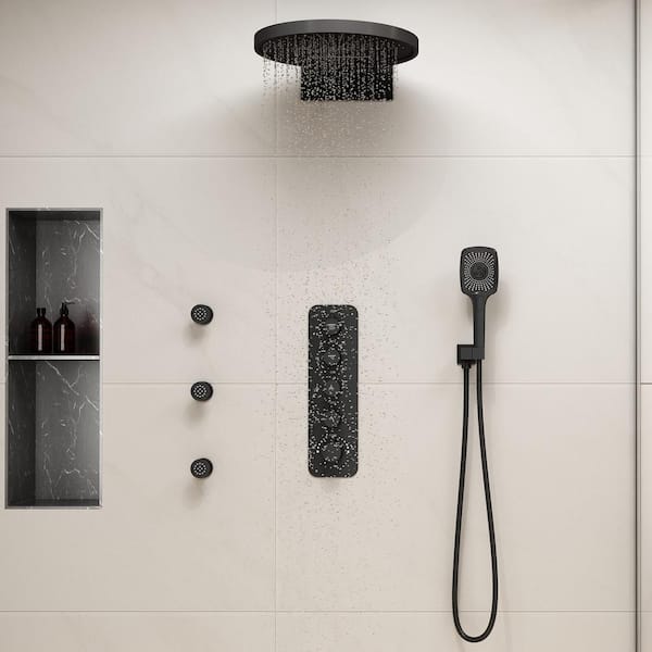 6-spray 16 in. Wall Mount Thermostatic Fixed and Handheld Shower Head 2.5 GPM with Body Spray in Matte Black