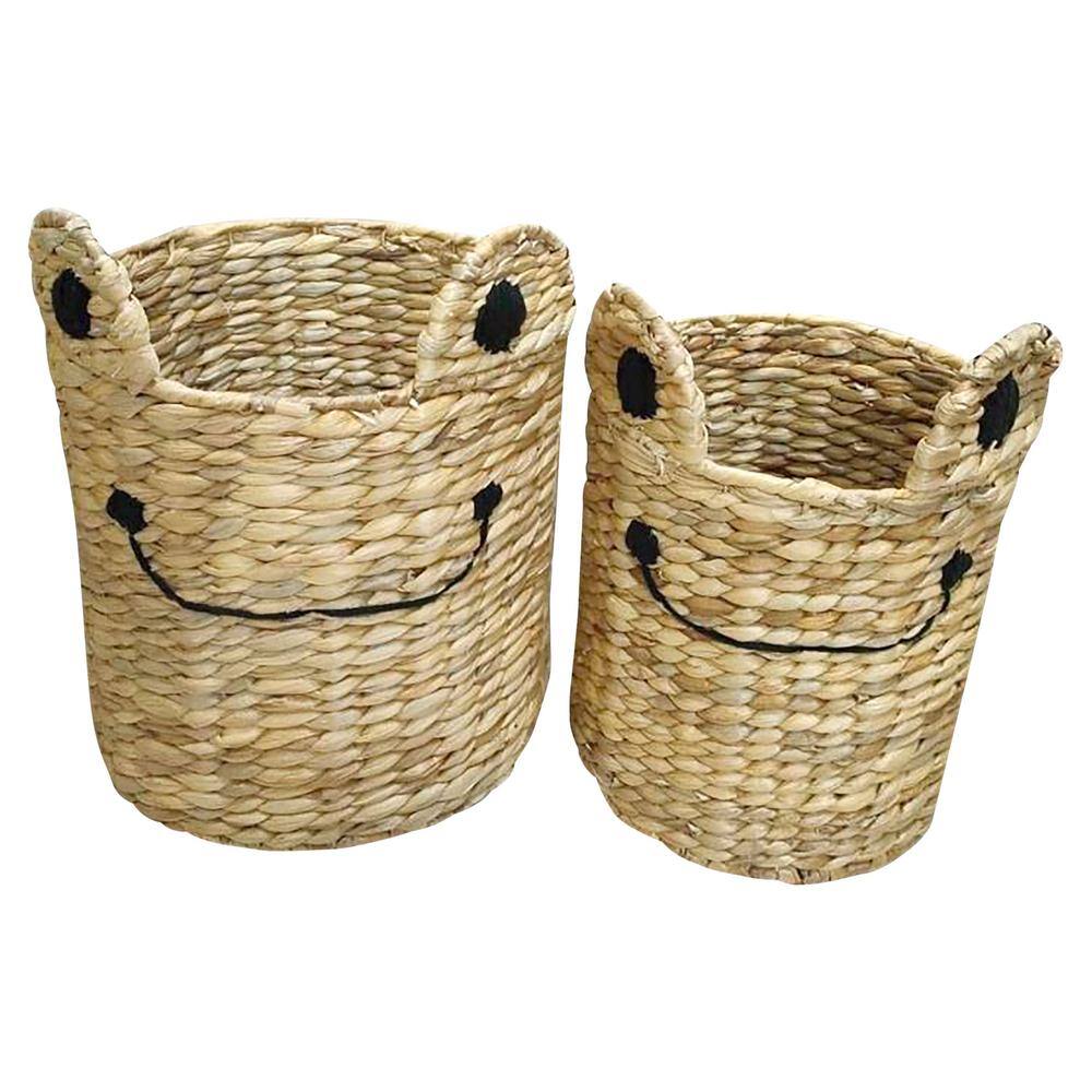 Natural Wicker Round Frog Face Storage Baskets - Set of 2