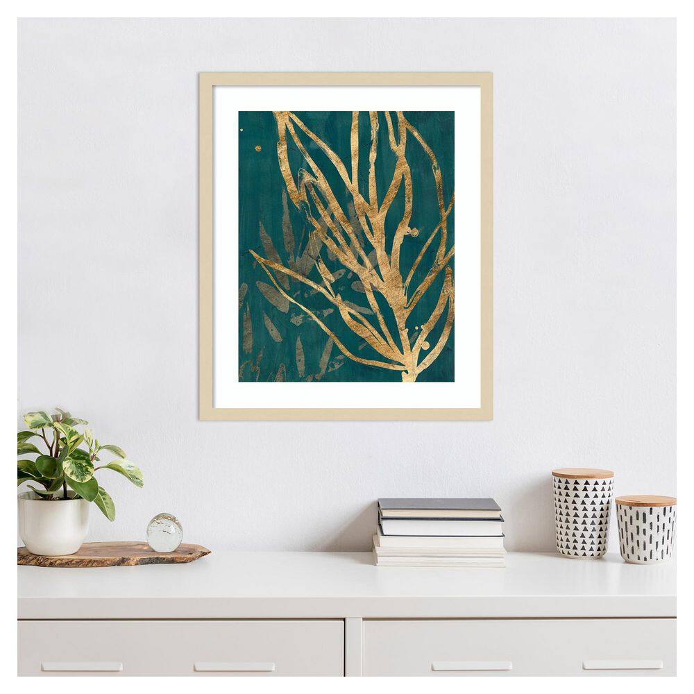 Golden Botanical Leaves on Teal Background Wood Framed Wall Art, 21 x 25 in.