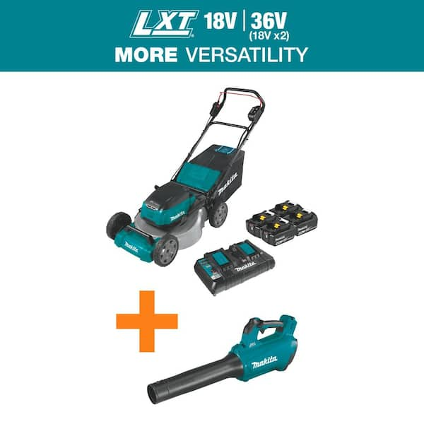 Makita 18V X2(36V) LXT Lithium-Ion Cordless 21 in. Walk Behind Lawn Mower Kit w/4 Batteries 5.0Ah with 18V Blower, Tool Only