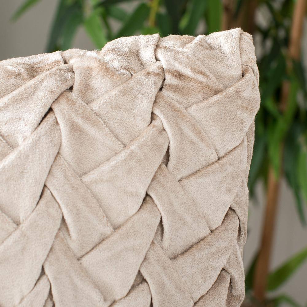 Beige Velvet Square Accent Pillow with Woven Smocking