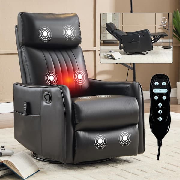 Black 360° Swivel Manual Faux Leather Recliner Rocker Chair with Massage and Heat