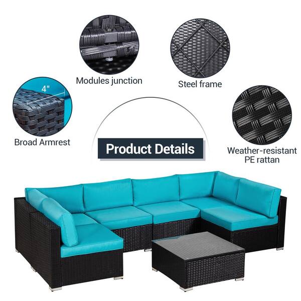 Sunvivi Black 7 Piece Pe Wicker Furniture Set Outdoor Sectional Conversation Sofa Set And Glass Table With Blue Cushions Ys001 B C D