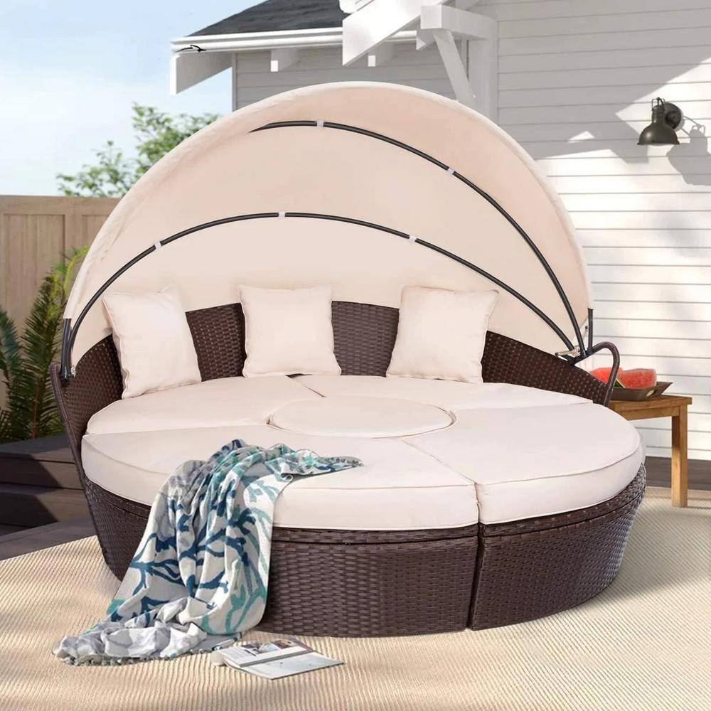 Cesicia Brown Wicker Outdoor Round Day Bed with Retractable Canopy and ...