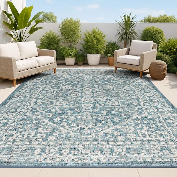 JONATHAN Y Malta Bohemian Medallion Teal/Gray 7 ft. 9 in. x 10 ft. Textured Weave Indoor/Outdoor Area Rug
