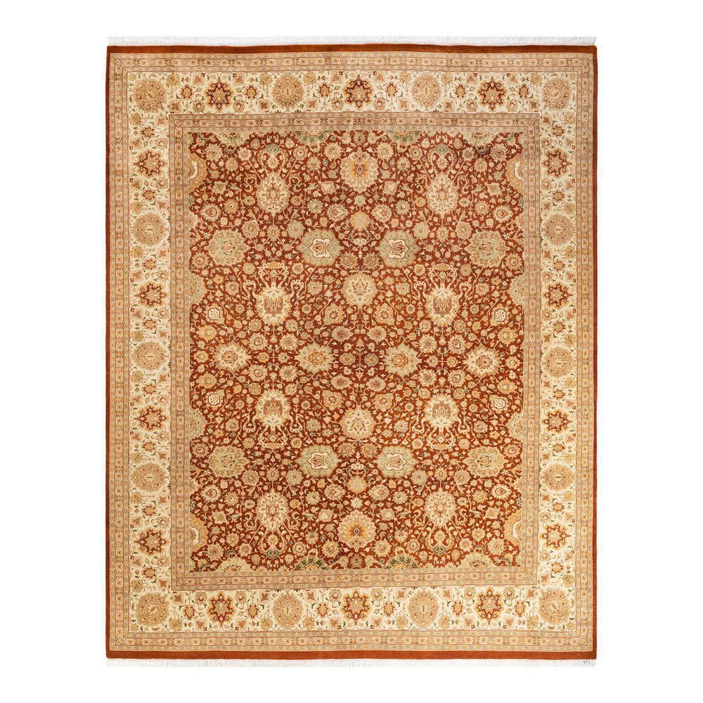 Hand-Knotted Ivory and Orange Wool 8' x 10' Oriental Rug