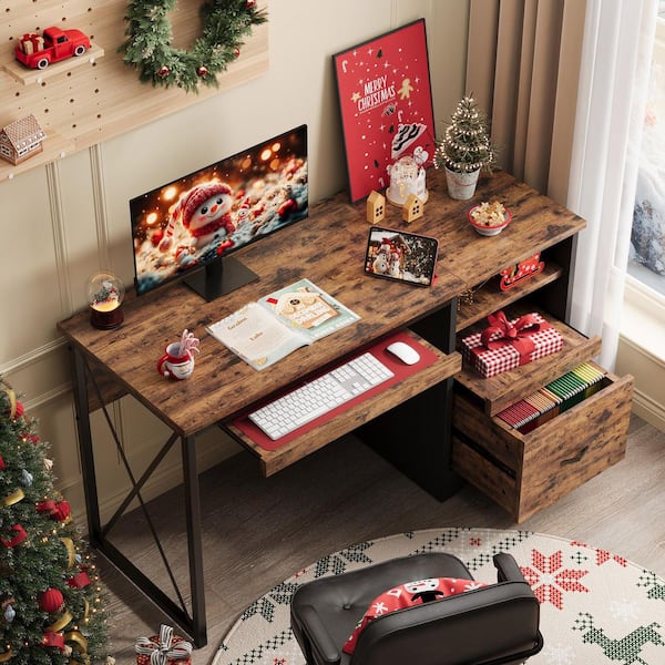 48 in. Rectangular Rustic Brown Reversible Office Desk with Drawer and Pull-Out Shelf, Writing Desk with Keyboard Tray