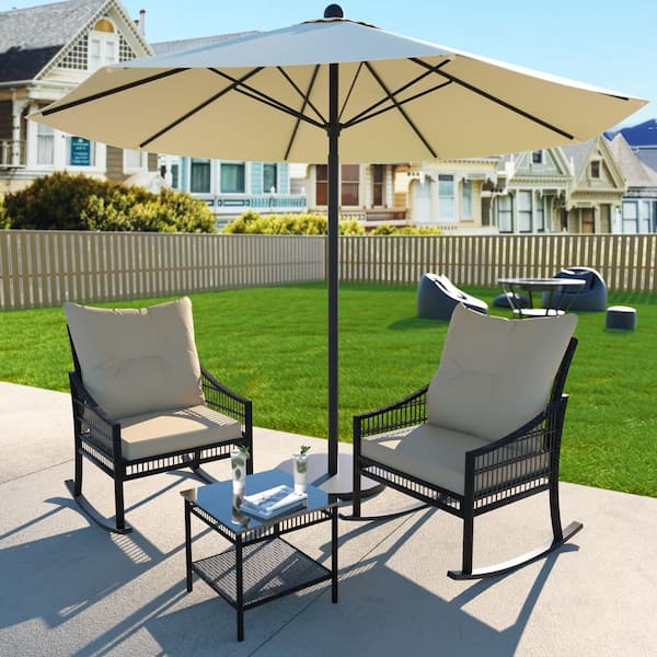 VEIKOUS Black 3-Piece Patio Wicker Outdoor Rocking Chair Set with Beige Cushions and Pillow