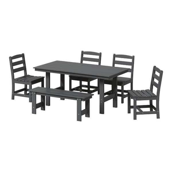 Shoreside 6-Piece All Weather HDPE Plastic Outdoor Patio Dining Set w/ Side Chairs and Bench, Gray