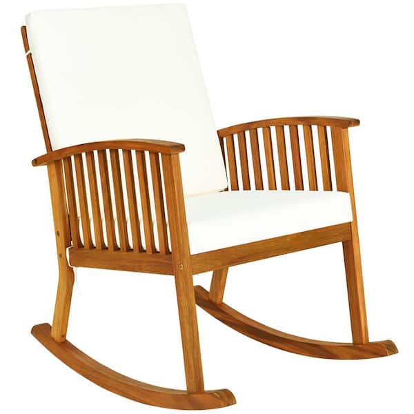 Costway Wood Outdoor Rocking Chair Patio Garden Lawn with White Cushion