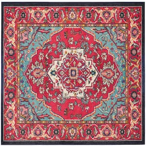 Monaco Red/Turquoise 5 ft. x 5 ft. Square Border Area Rug