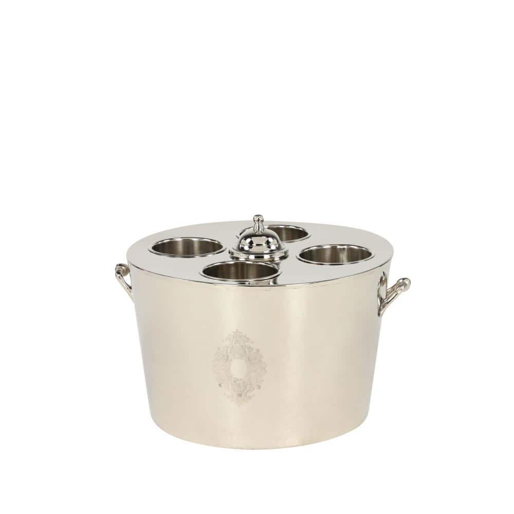 Large Oval Silver Metal Ice Bucket with Handles and Etching