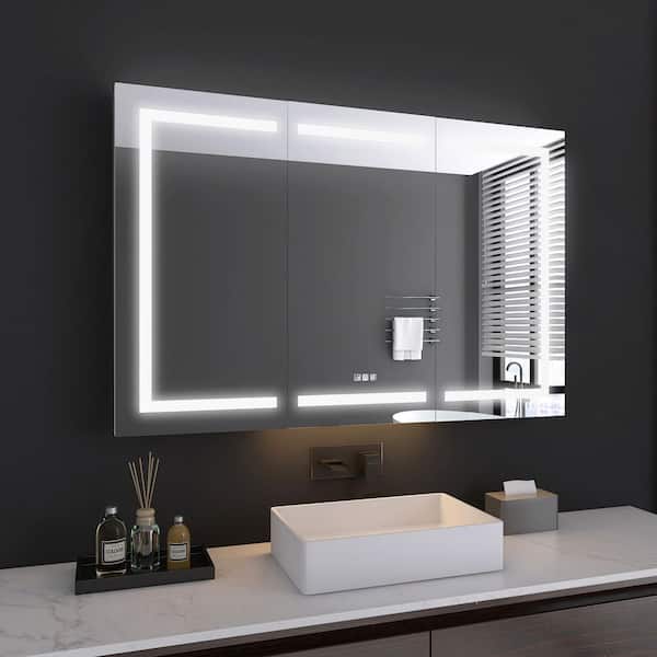 54 in. W x 36 in. H Rectangular Silver Aluminum Recessed/Surface Mount Medicine Cabinet with Mirror and LED