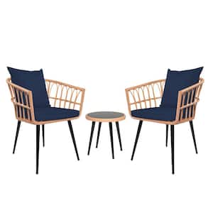 16 in.H Anky 3-Piece Patio Wicker Round Cafe Table Outdoor Bistro Conversation Set Rattan Chair with Dark Blue Cushions