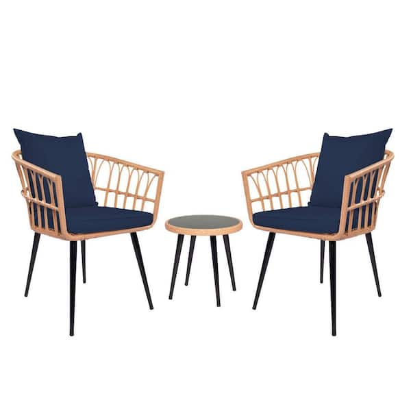 Miscool 16 in.H Anky 3-Piece Patio Wicker Round Cafe Table Outdoor Bistro Conversation Set Rattan Chair with Dark Blue Cushions