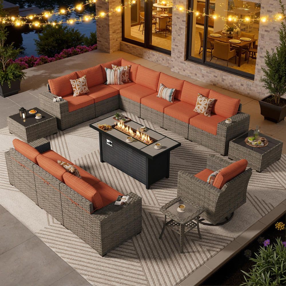 Solara 15 Pieces Wicker Outdoor Patio Fire Pit Conversation Sectional Sofa Set and with Orange Red Cushions price history on PriceWatchPro