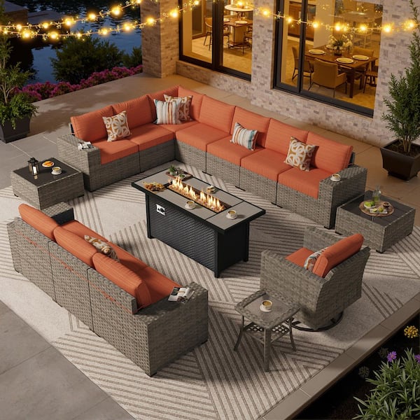 Solara 15 Pieces Wicker Outdoor Patio Fire Pit Conversation Sectional Sofa Set and with Orange Red Cushions