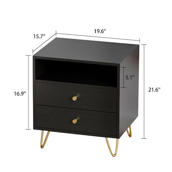 FUFU&GAGA 2-Drawer Black Wooden Nightstand Bedside Table With 4 Metal Legs  15.7 in. D x 19.7 in. W x 17.9 in. H KF200155-01 - The Home Depot