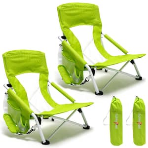 Outdoor Metal Frame Bright Green Folding Beach Chair with Side Pocket (Set of 2)