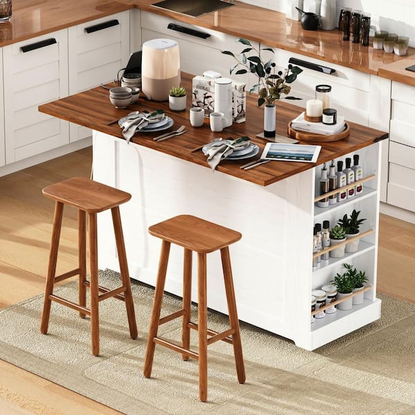 Farmhouse White Wood 53 in. Drop Leaf Kitchen Island with 3-Drawer and Tempered Glass Cabinet Doors