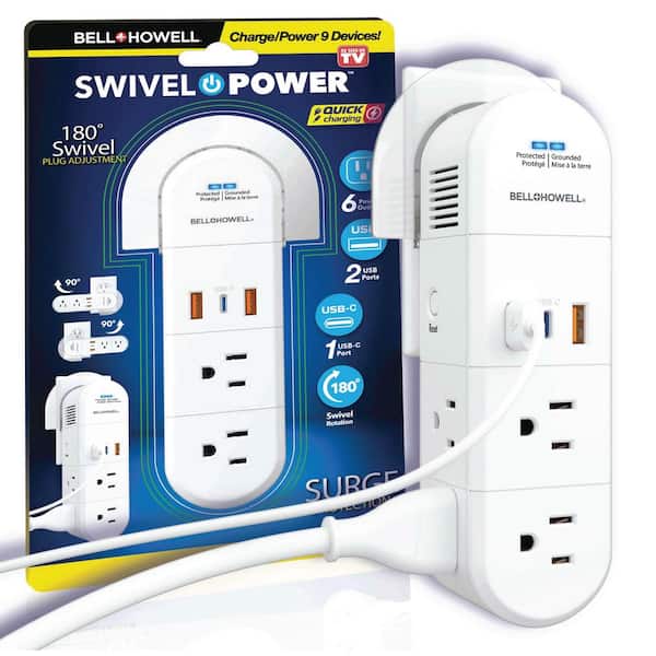 Bell + Howell Swivel Power 180-Degree Swiveling Design 6-Outlets and 3 USB Ports Outlet Splitters Charging Wall Tap with Surge Power