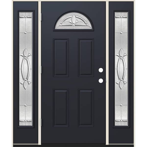 60 in. x 80 in. Right-Hand Fan Lite Blakely Decorative Glass Black Steel Prehung Front Door with Sidelites