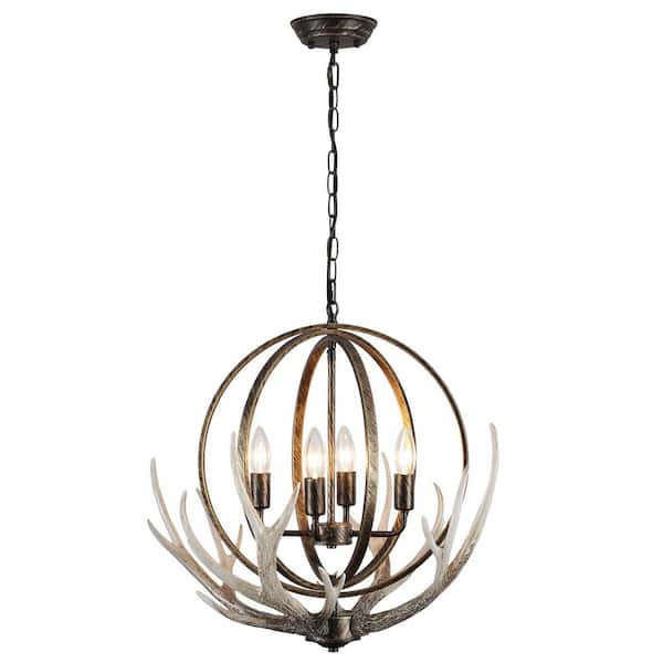 20.47 in. 4-Light Matte Black/Golden Pendant Antler Design Chandelier with Resin Shade and No Bulbs Included For Foyer