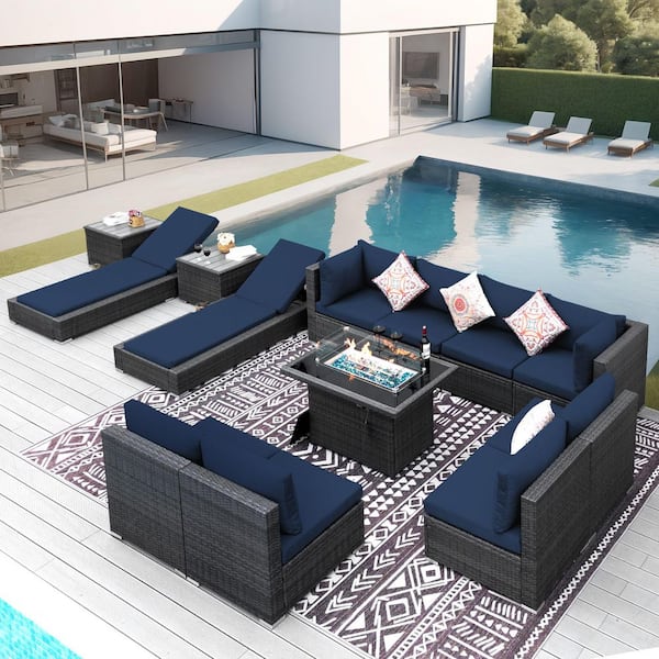 FINCATI 13-Piece Wicker Outdoor Furniture Patio Fire Pit Set Sectional Deep Seating Conversation Set Lounge, Table, Navy Blue